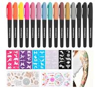 15pcs Stylo Tatouage Temporaire, Feutre Tatouage Kit Tatouage de Cadeau avec 50 tatouages, 2 Pochoirs Autocollants Doux pour la Peau pour Garçons, Filles, Carnaval, Halloween, Fête D'anniversaire