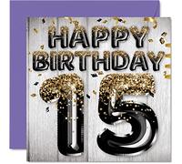 15th Birthday Card for Boys - Black & Gold Glitter Balloons - Happy Birthday Cards for 15 Year Old Boy Son Brother Grandson Cousin, 145mm x 145mm Fifteen Fifteenth Bday Greeting Cards Gift