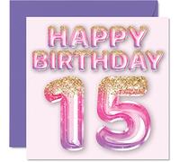 15th Birthday Card for Girls, Pink & Purple Glitter Balloons