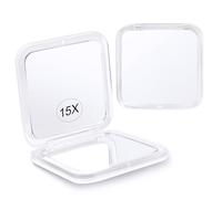 15X grossissant Miroir de maquillage compact pour les voyages, petit miroir de poche, pliable et portable. Double face avec grossissement 15X et miroir 1X pour sacs à main - Carré 8,4 cm (Blanc)