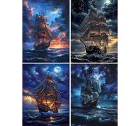 15x20cm Diamond Painting Voiliers, 4 Pack 5D Broderie Diamond Peinture Kits, mer Peinture Diamant Strass Complet Kit, DIY Diamant Painting pour Adulte Enfants Artisanat Décor Murale À La Maison