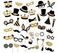 16/40 pièces Ensemble d'accessoires amusants pour photobooth, kit d'accessoires de photobooth noir & doré, chapeaux, cravates, couronnes, moustaches, accessoires photo en papier pour anniversaire, mar
