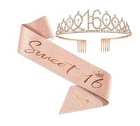 16 Ans Decoration Anniversaire Filles, Echarpe Couronne Anniversaire 16 Ans, Couronne Diadème en Cristal 16 Numéro Or Rose, Couronne de Princesse, Cadeau Anniversaire 16e Filles