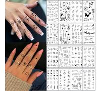 16 feuilles de tatouages temporaires minuscules pour les mains, tatouages noirs petits pour les doigts avec des motifs d'étoiles, de soleil, de lune, de papillon, de rose, de cœur et d'expression. Art