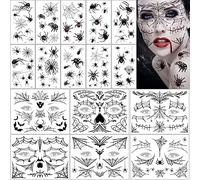 16 Feuilles Halloween Tatouages Temporaires pour visage araignée, Noir Tatouages éphémères Pour Homme Femme Adulte Enfants Fluorescence Halloween Déguisement Costume Maquillage Fête
