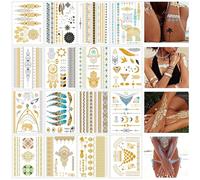 16 Feuilles Tatouage Temporaire,Autocollants Métalliques Dorés Faux Tatouages,Tatouage Ephemere Femme, atouages éphémères métalliques,Tatouage Paillette Tatoo Temporaire Faux,pour Festival Tatouage