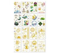 16 feuilles Tatouages Temporaires Plaqués Or Pour L'Aïd Al-Adha, Avec Lune Et Étoiles, Imperméables