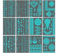 16 Feuilles Ventre Tatouages Temporaires, Sexy Bleu Lumineux Imperméables Tatouage Taille, Indienne Tatouages Temporaires, Faux Autocollants Tatouage pour Femmes et aux Filles Taille Poitrine