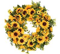 16 inch Decorative Fake Flower Wreath with Yellow Sunflower and Green Leaves ，Practical Artificial Sunflower Summer Wreath