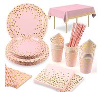 16 Invités Assiette Jetable Rose et Or Assiette Carton Rose Serviettes Gobelet Paille Nappe Fête 1er 13e Anniversaire Baby Shower Fille Engagement Mariage Douche Nuptiale D‘Or Vaisselle Jetable Rose