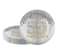 16 PCS Argent Or Assiette Jetable Decoration Anniversaire 50 ans, Assiette Jetable 9 Pouces/23cm Papier Assiette Jetable Dessert Plateau Vaisselle pour Décoration Anniversaire 50 ans Homme Femme