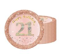 16 PCS Assiette Jetable 7 Pouces,Assiette Anniversaire Rose Gold,Decoration Anniversaire 21 Ans,Assiette Dessert Jetable pour Fêtes Joyeux Anniversaire Decoration,Kit Vaisselle Jetable Anniversaire