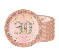 16 PCS Assiette Jetable 7 Pouces,Assiette Anniversaire Rose Gold,Decoration Anniversaire 30 Ans,Assiette Dessert Jetable pour Fêtes Joyeux Anniversaire Decoration,Kit Vaisselle Jetable Anniversaire