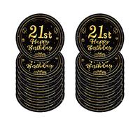 16 PCS Assiette Jetable 7 Pouces, Noir et Or, Décoration Anniversaire 21 Ans, Kit Vaisselle pour Fêtes Joyeux Anniversaire