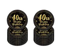 16 PCS Assiette Jetable 7 Pouces, Noir et Or, Décoration Anniversaire 40 Ans, Kit Vaisselle pour Fêtes Joyeux Anniversaire