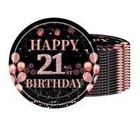 16 PCS Assiette Jetable 7 Pouces, Noir Rose Or, Décoration 21 Ans, Dessert pour Fêtes Joyeux Anniversaire, Kit Vaisselle