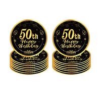 16 PCS Assiette Jetable 9 Pouces,Assiette Anniversaire Noir Gold,Decoration Anniversaire 50 Ans,Assiette Dessert Jetable pour Fêtes Joyeux Anniversaire Decoration,Kit Vaisselle Jetable Anniversaire