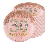 16 PCS Assiette Jetable 9 Pouces,Assiette Anniversaire Rose Gold,Decoration Anniversaire 30 Ans,Assiette Dessert Jetable pour Fêtes Joyeux Anniversaire Decoration,Kit Vaisselle Jetable Anniversaire