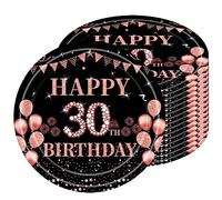 16 PCS Assiette Jetable 9 Pouces - Décoration Anniversaire Noir Rose Or 40 Ans - Kit Vaisselle pour Fêtes Joyeux