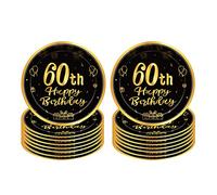 16 PCS Assiette Jetable 9 Pouces, Noir et Or, Décoration 60 Ans, Kit Vaisselle pour Fêtes Joyeux Anniversaire