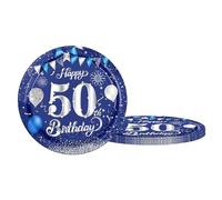 16 PCS Bleu Argent Assiette Jetable Decoration Anniversaire 50 ans, Assiette Jetable 9 Pouces/23cm Papier Assiette Jetable Dessert Plateau Vaisselle pour Décoration Anniversaire 50 ans Homme Femme