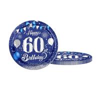16 PCS Bleu Argent Assiette Jetable Decoration Anniversaire 60 ans, Assiette Jetable 7 Pouces/18cm Papier Assiette Jetable Dessert Plateau Vaisselle pour Décoration Anniversaire 60 ans Homme Femme