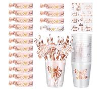 16 Pcs Gobelet EVJF Bachelorette Accessoires Kit Pour Femmes, Or Rose Bride Tribe Tasses en Plastique Avec Paille, Equipe Bracelets Bride To be Tatouage Pour la Fête Enterrement de Vie de Jeune Fille