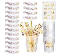 16 Pcs Gobelet EVJF Bachelorette Party Accessoires Kit Pour Femmes, Or Bride Tribe Tasses en Plastique Avec Paille, Equipe Bracelets Bride To be Tatouage Pour la Fête Enterrement de Vie de Jeune Fille