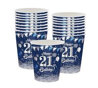 16 PCS Gobelets en Papier Jetables pour 21 ans Anniversaire, Bleu et Argent Gobelets Carton Jetables Joyeux Anniversaire 21 Ans Decoration, Kit Vaisselle Jetable Anniversaire pour Eau Chaude Froide
