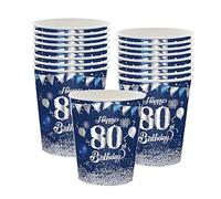 16 PCS Gobelets en Papier Jetables pour 80 ans Anniversaire, Bleu et Argent Gobelets Carton Jetables Joyeux Anniversaire 80 Ans Decoration, Kit Vaisselle Jetable Anniversaire pour Eau Chaude Froide