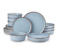 16 pcs. Service combiné en faïence, service de table avec émail sésame et ligne de bordure, set de vaisselle pour 4 personnes, bleu