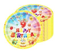 16 Pièces Assiettes en Carton Joyeux 9ème Anniversaire, 23cm Vaisselle en Papier Assiettes Anniversaire Jetable Rondes en Papier, Assiettes pour Happy 9th Birthday Fêtes d'Anniversaire Decoration
