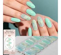 16 pièces Autocollants de gel pour ongles semi-durcis au motif tie-dye vert menthe doré, rêveur et frais pour le printemps/été. Finition brillante et vibrante, longue durée. Nécessite une lampe UV. Co