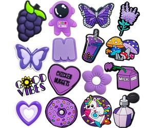 16 pièces champignons violets, papillons mélangés, fleurs violettes, champignons violets, lavande violette, etc., détachables, lavés, bout de chaussure poétique, danse d'ombre de fleur robe néon - pay