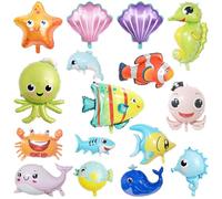 16 pièces décoration de fête sous marine, kuaooauk grand ballon sous Marin, requin étoile de mer hippocampe crabe Foil ballons, garçon fille baby shower birthday party mignon ballon de poisson