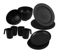 16 Pièces Ensemble de Vaisselle Plastique Noir | Assiettes, Bols et Gobelets Résistants aux Chocs, Surface Lisse, pour Camping-car, Voiture, Desserts et Boissons Fraîches