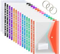 16 Pieces Expanding Perforated Pockets,8 Colors A4 Plastic Wallets Document File Folders Popper Ring Binder A4 With Press Button,Label Pocket And Ring