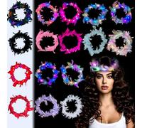 16 pièces LED Fleur Guirlande Cheveux,Guirlande Plumes Bandeau,Couronne Led Plumes Accessoire Cheveu Couronne Fleurs LED Pour Femmes Filles Adultes Enfants Fête Mariage Festival Accessoires