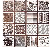 16 pièces Pochoirs de motifs géométriques pour peindre sur le bois, la brique, en forme de cœur, rond, point, cellule, engrenage, carré, ligne, arbre, texture, mosaïque, nid d'abeille. Pochoirs pour m