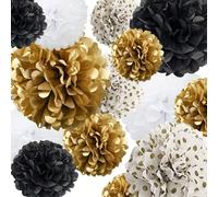 16 pièces Pompons en papier et fleurs en papier noir et or, décoration pour anniversaire, remise de diplôme, célibataire, mariage, enterrement de vie de jeune fille Taille UniquePapetier