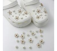 16 pièces/set Fleurs blanches et faux perles Charms pour sabots, sandales de jardin, décoration de bracelet en silicone, accessoires DIY, cadeau de festival fleurs de perlesABS