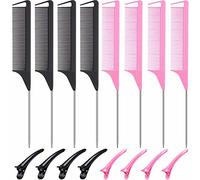 16 Pièces Set Peigne de Séparation Clip de Sectionnement, Peigne à Queue de Rat Carbone Inoxydable Peigne Pilet et Épingle à Cheveux Bec de Canard Peigne de Séparation Coiffeur (Noir et Rose)