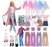 16 pièces vêtements et accessoires pour poupées de 11,5 pouces manteau rose robe à motif pied-de-poule ensemble décontracté assortiment aléatoire de 3 tenues 6 chaussures 2 sacs à main 1 boucles
