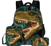16 pouces Cool T-Rex Dinosaur Print Garçons Filles Sac à dos scolaire Sac à bandoulière, boîte à lunch, sac à crayons Set de 3 pièces / Type B.