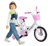 16 Pouces Vélo pour Filles de 5 à 8 Ans, vélo pour Filles et garçons, Acier à Haute teneur en Carbone, Roues auxiliaires+Panier, Motifs d'autocollants Mignons-Blanc