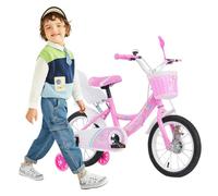 16 Pouces Vélo pour Filles de 5 à 9 Ans, vélo pour Filles et garçons, Acier à Haute teneur en Carbone, Roues auxiliaires+Panier, Motifs d'autocollants Mignons-Rose