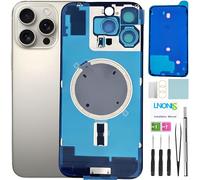 16 Pro Max Verre arrière de rechange pour iPhone 16 Pro Max avec logo étanche et objectif d'appareil photo + kit d'outils de réparation professionnel (titane naturel)