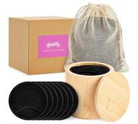16 ronds en coton réutilisables noirs, 1 support en bambou, 1 sac de rangement en maille (7,6 cm, 18 pièces)