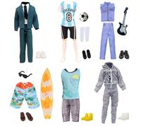 16 vêtements et accessoires pour Ken 30,5 cm = 6 hauts + 6 pantalons + 6 paires de chaussures + lunettes + football + trophées + planche de surf