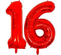 16 Year Red Xxl Balloon - Birthday Balloon 16 Years Decoration, Balloon Number 16, Happy Birthday Party Deco Kit Number Large Giant Wedding Age Air Helium Inflatable Boy/Girl Child